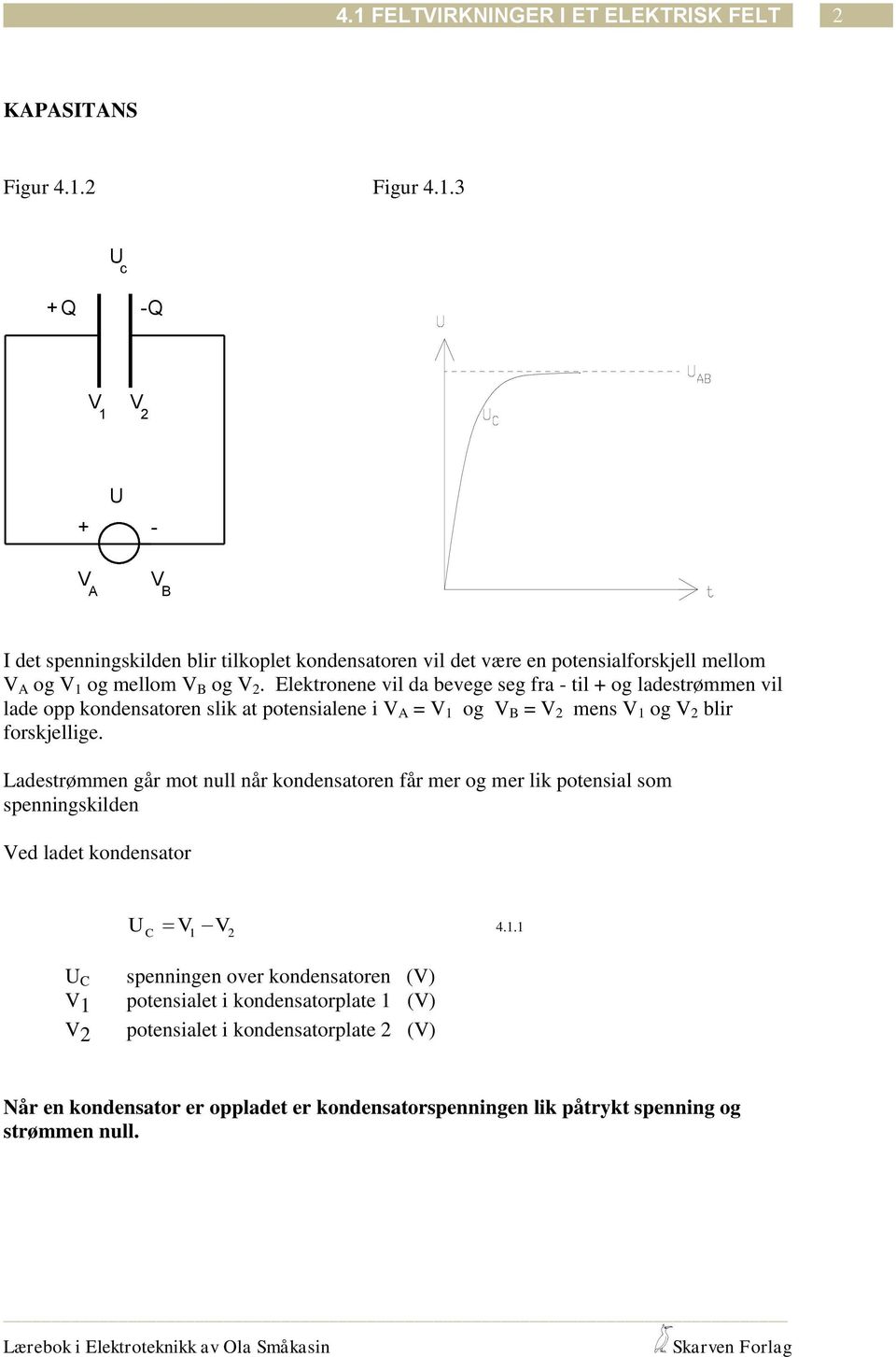 Ladestrømmen går mot null når kondensatoren får mer og mer lik potensial som spenningskilden Ved ladet kondensator V V C 1 