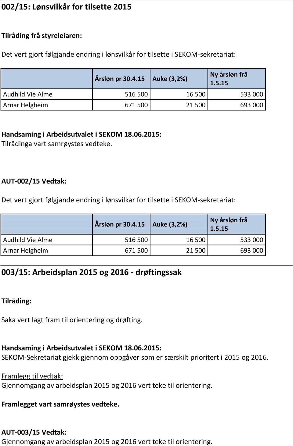 Handsaming i Arbeidsutvalet i SEKOM 18.06.2015: SEKOM-Sekretariat gjekk gjennom oppgåver som er særskilt prioritert i 2015 og 2016.