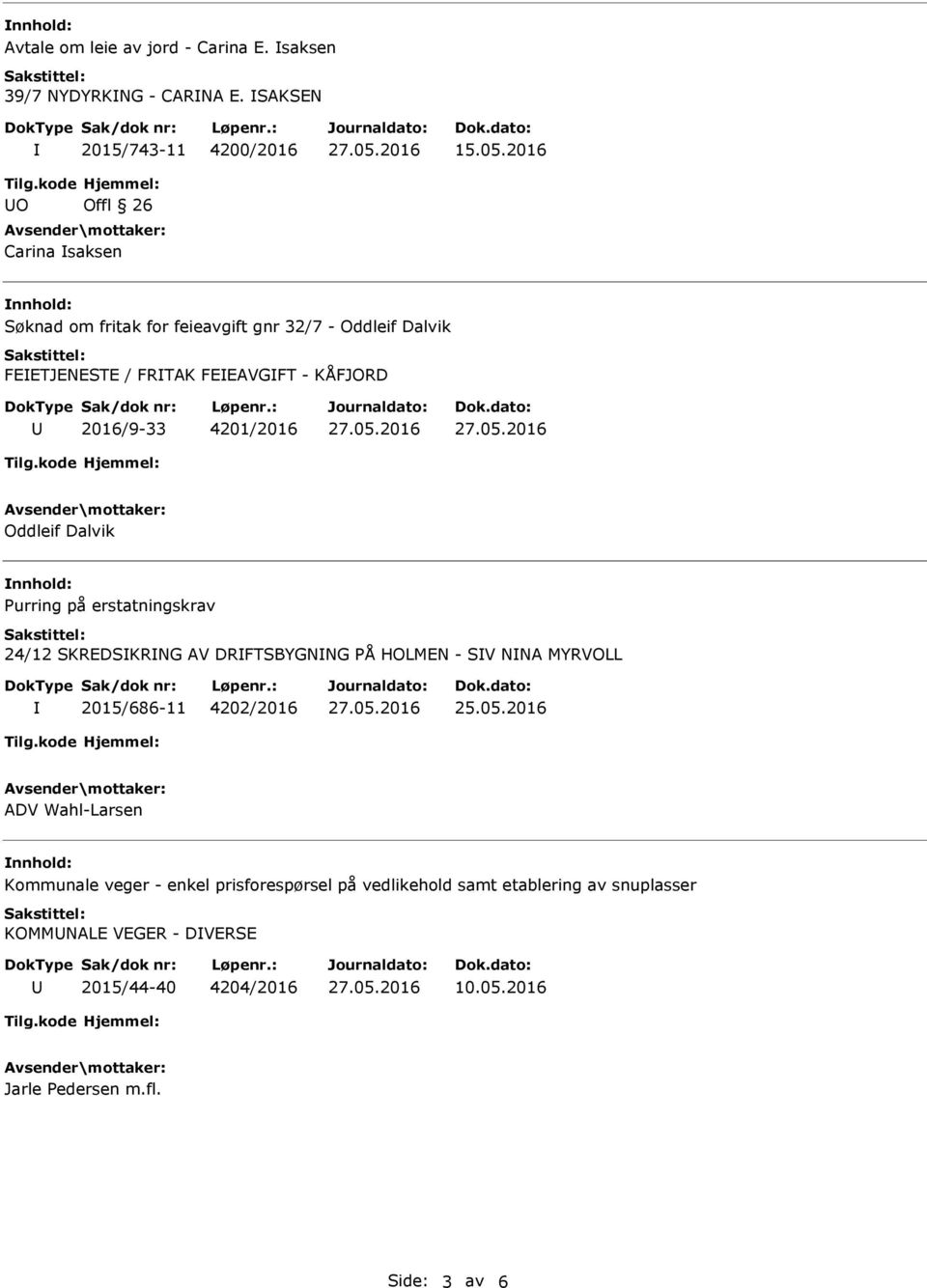 4201/2016 Oddleif Dalvik Purring på erstatningskrav 24/12 SKREDSKRNG AV DRFTSBYGNNG PÅ HOLMEN - SV NNA MYRVOLL 2015/686-11 4202/2016 ADV