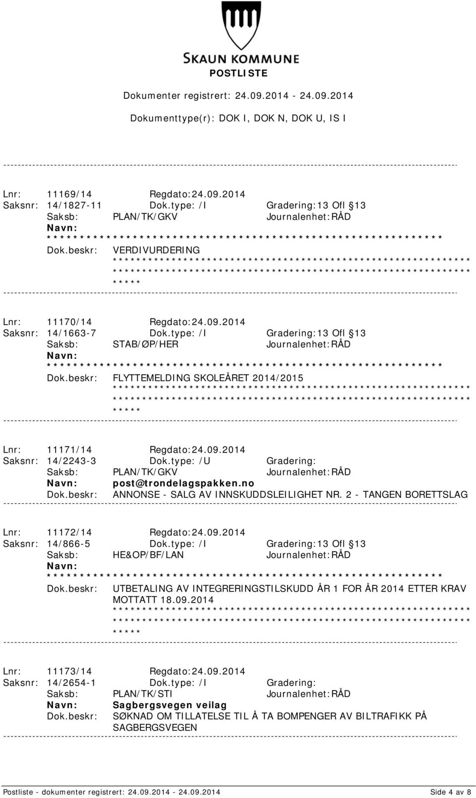 no ANNONSE - SALG AV INNSKUDDSLEILIGHET NR. 2 - TANGEN BORETTSLAG Lnr: 11172/14 Regdato:24.09.2014 Saksnr: 14/866-5 Dok.