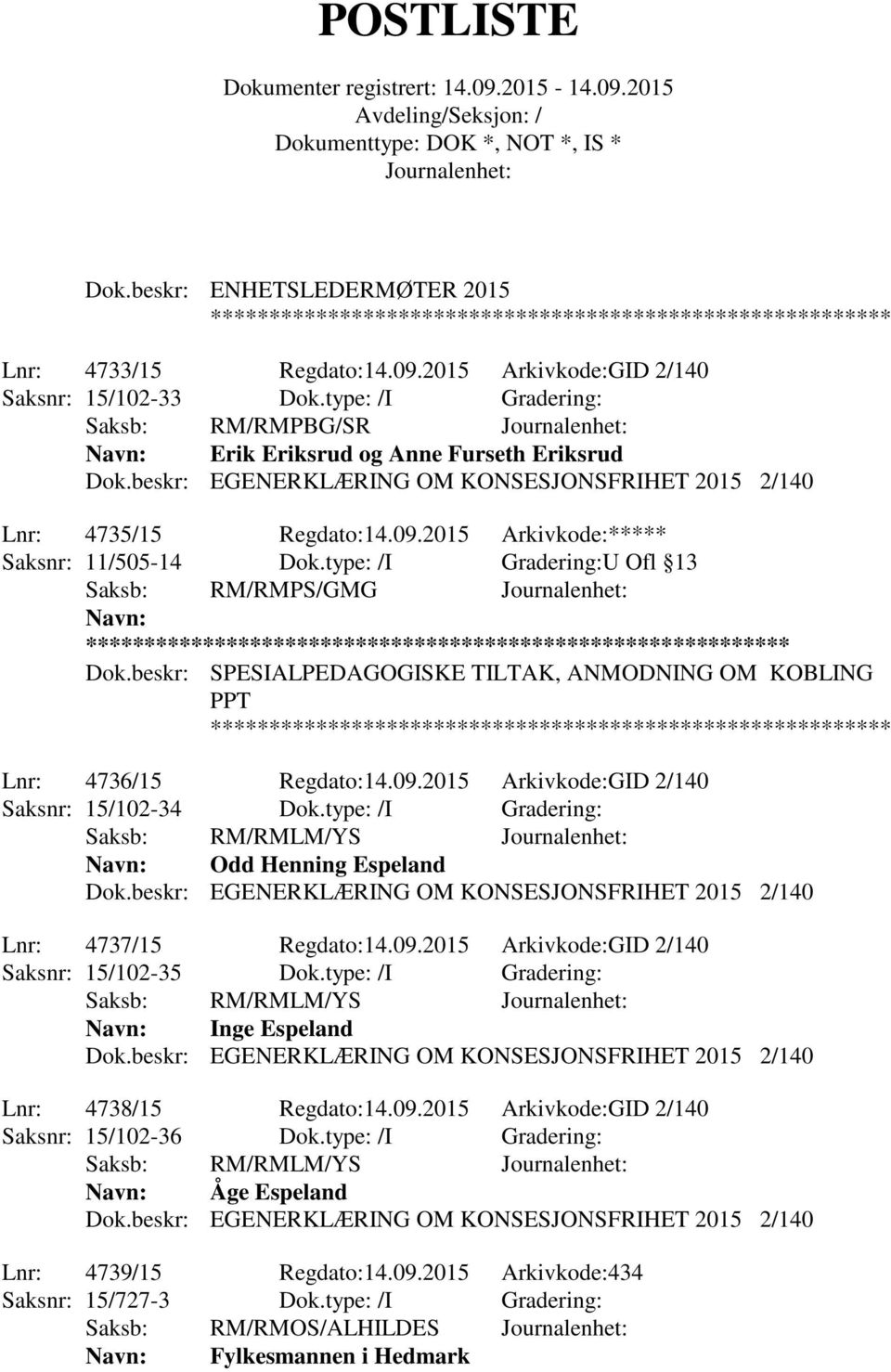 type: /I Gradering:U Ofl 13 Saksb: RM/RMPS/GMG ** Dok.beskr: SPESIALPEDAGOGISKE TILTAK, ANMODNING OM KOBLING PPT Lnr: 4736/15 Regdato:14.09.2015 Arkivkode:GID 2/140 Saksnr: 15/102-34 Dok.