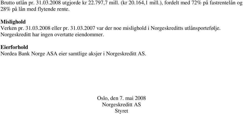 2008 eller pr. 31.03.2007 var der noe mislighold i Norgeskreditts utlånsportefølje.