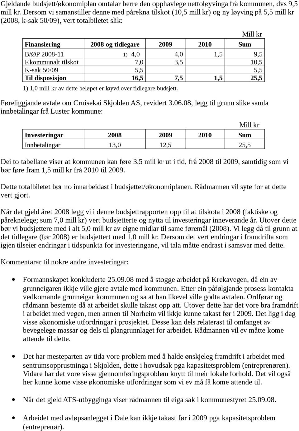 2008-11 1) 4,0 4,0 1,5 9,5 F.kommunalt tilskot 7,0 3,5 10,5 K-sak 50/09 5,5 5,5 Til disposisjon 16,5 7,5 1,5 25,5 1) 1,0 mill kr av dette beløpet er løyvd over tidlegare budsjett.