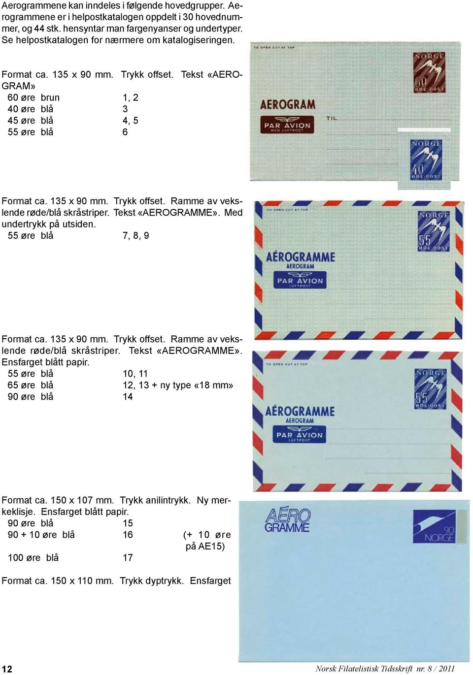 Tekst «AEROGRAMME». Med undertrykk på utsiden. 55 øre blå 7, 8, 9 Format ca. 135 x 90 mm. Trykk offset. Ramme av vekslende røde/blå skråstriper. Tekst «AEROGRAMME». Ensfarget blått papir.