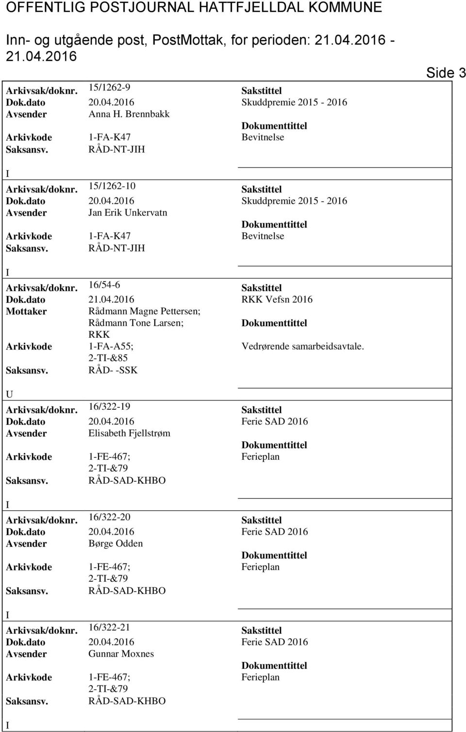 Skuddpremie 2015 - Avsender Jan Erik nkervatn Arkivkode 1-FA-K47 Bevitnelse Saksansv. RÅD-NT-JH Arkivsak/doknr. 16/54-6 Sakstittel Dok.dato 21.04.