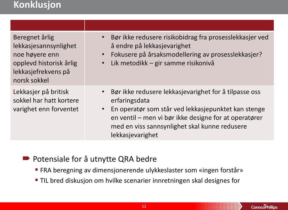 Lik metodikk gir samme risikonivå Bør ikke redusere lekkasjevarighet for å tilpasse oss erfaringsdata En operatør som står ved lekkasjepunktet kan stenge en ventil men vi bør ikke designe for