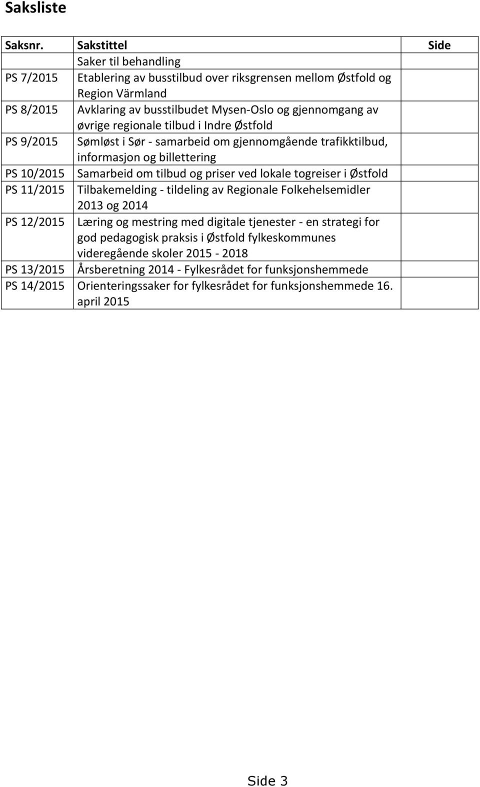 regionale tilbud i Indre Østfold PS 9/2015 Sømløst i Sør - samarbeid om gjennomgående trafikktilbud, informasjon og billettering PS 10/2015 Samarbeid om tilbud og priser ved lokale togreiser i