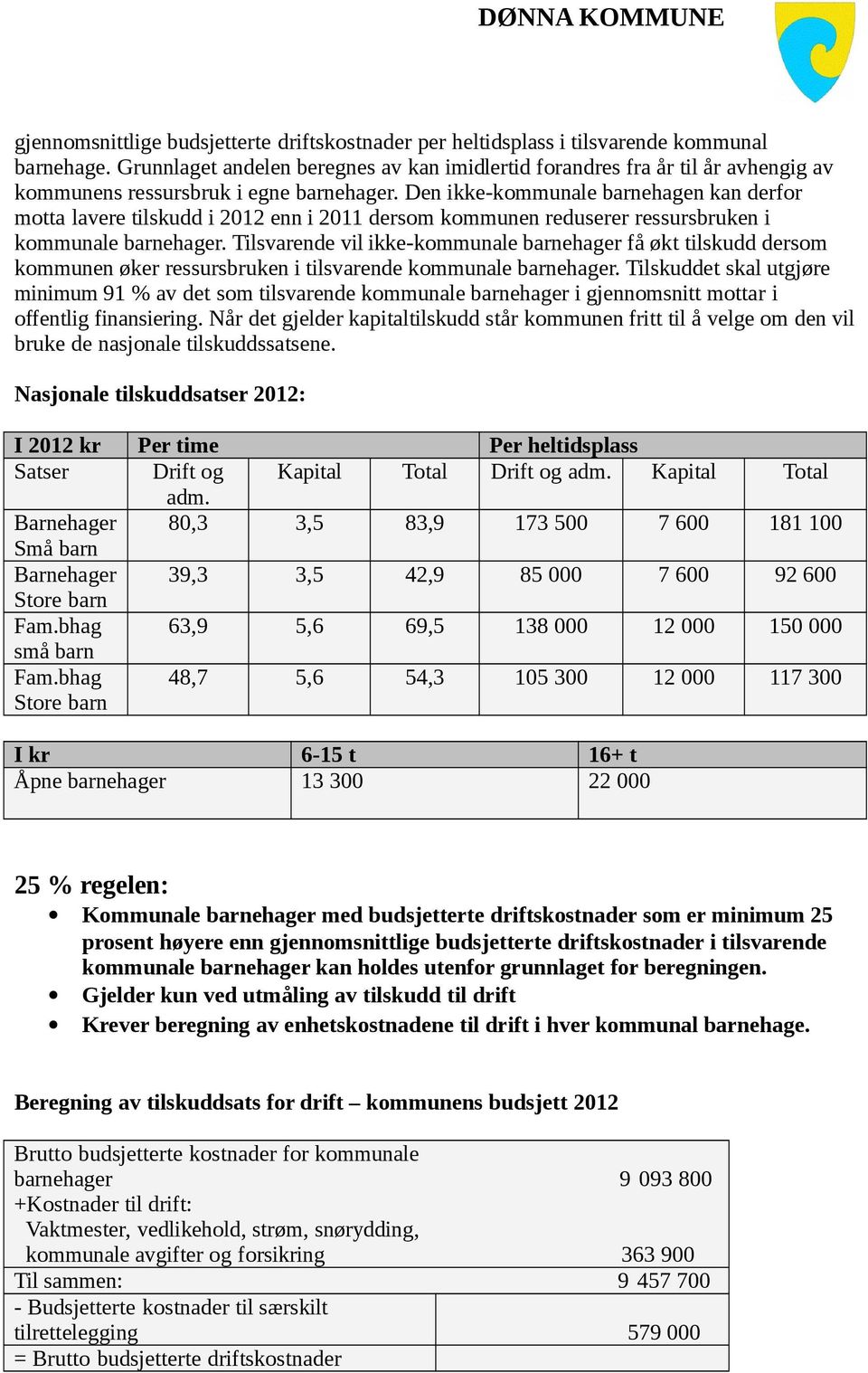 Den ikke-kommunale barnehagen kan derfor motta lavere tilskudd i 2012 enn i 2011 dersom kommunen reduserer ressursbruken i kommunale barnehager.