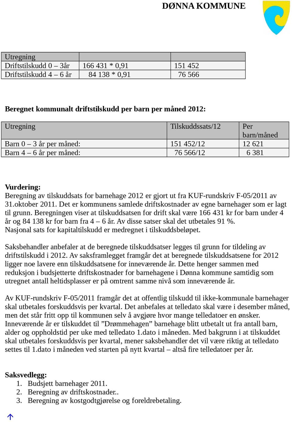 Det er kommunens samlede driftskostnader av egne barnehager som er lagt til grunn.