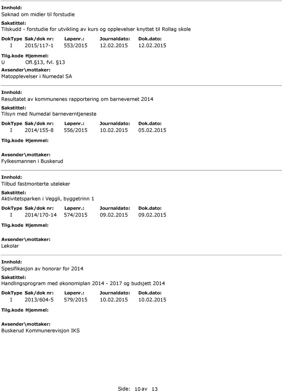 13 Matopplevelser i Numedal SA nnhold: Resultatet av kommunenes rapportering om barnevernet 2014 Tilsyn med Numedal barneverntjeneste 2014/155-8 556/2015