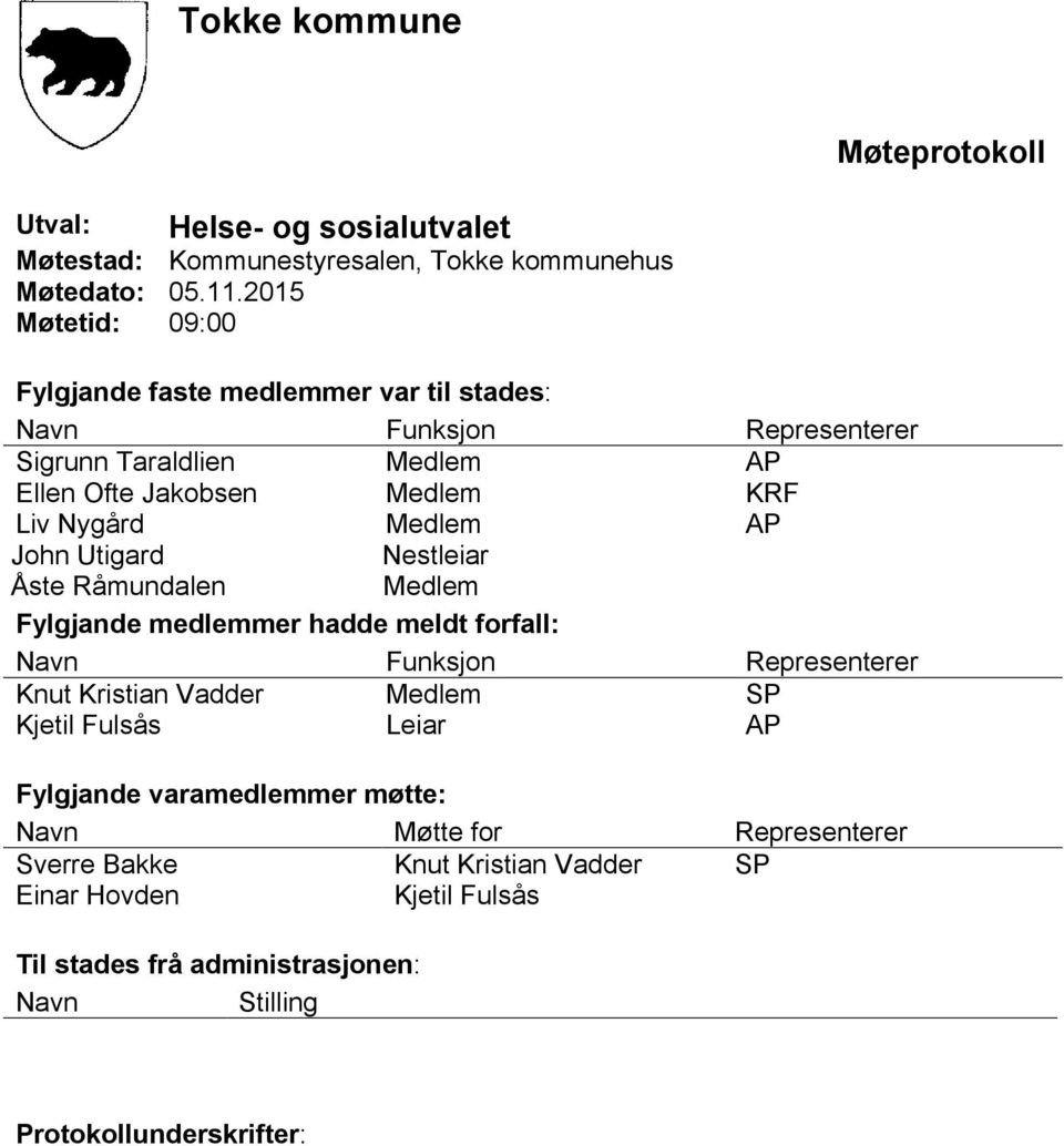 Medlem AP John Utigard Nestleiar Åste Råmundalen Medlem Fylgjande medlemmer hadde meldt forfall: Navn Funksjon Representerer Knut Kristian Vadder Medlem SP Kjetil