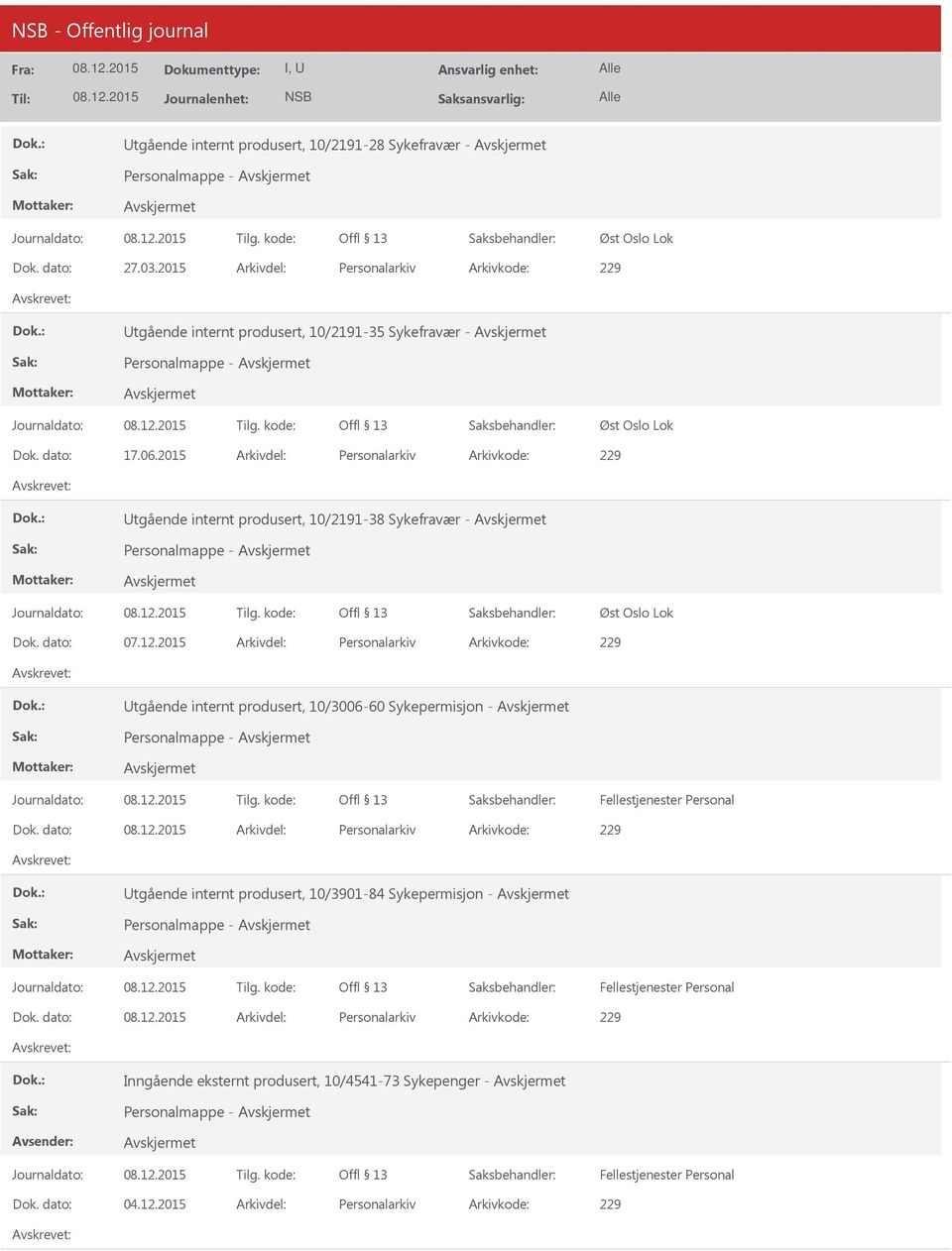 2015 Arkivdel: Personalarkiv Arkivkode: 229 tgående internt produsert, 10/2191-38 Sykefravær - Personalmappe - Dok. dato: 07.12.