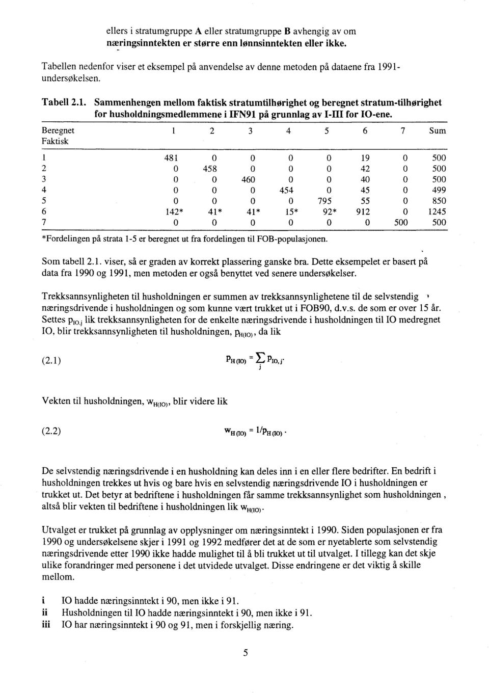 91- undersøkelsen. Tabell 2.1. Sammenhengen mellom faktisk stratumtilhørighet og beregnet stratum-tilhørighet for husholdningsmedlemmene i IFN91 på grunnlag av I-III for 10-ene.