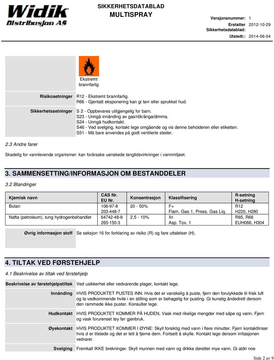 S51 - Må bare anvendes på godt ventilerte steder. 2.3 farer Skadelig for vannlevende organismer: kan forårsake uønskede langtidsvirkninger i vannmiljøet. 3.