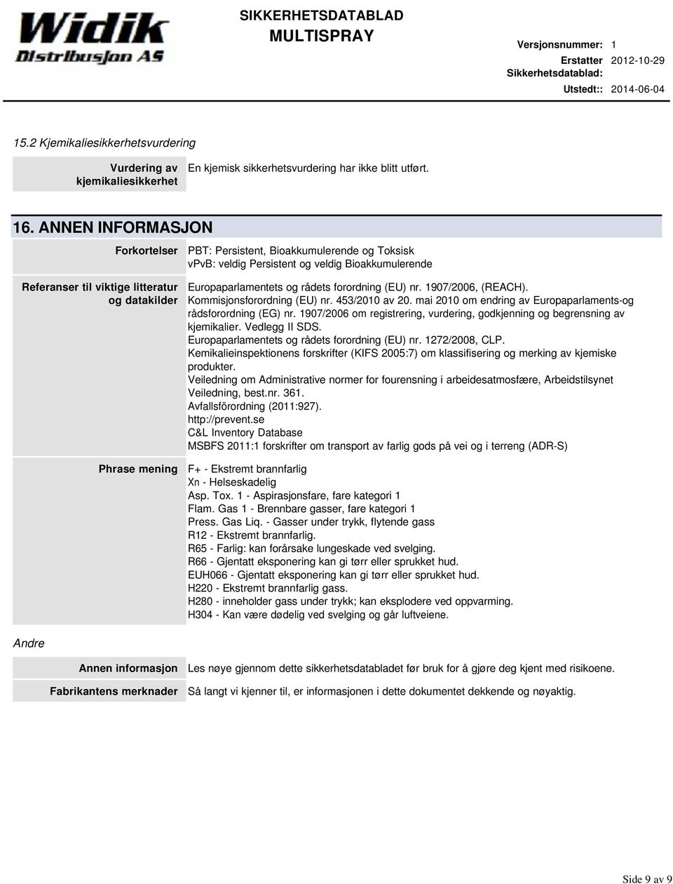 Europaparlamentets og rådets forordning (EU) nr. 1907/2006, (REACH). Kommisjonsforordning (EU) nr. 453/2010 av 20. mai 2010 om endring av Europaparlaments-og rådsforordning (EG) nr.