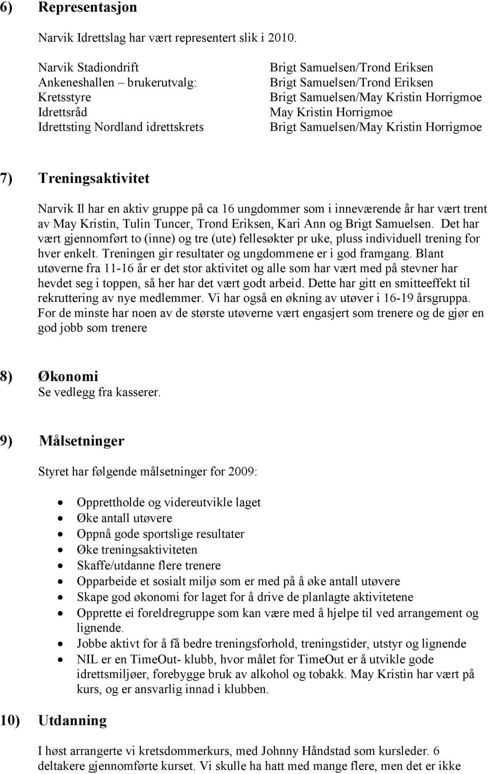 Horrigmoe May Kristin Horrigmoe Brigt Samuelsen/May Kristin Horrigmoe 7) Treningsaktivitet Narvik Il har en aktiv gruppe på ca 16 ungdommer som i inneværende år har vært trent av May Kristin, Tulin