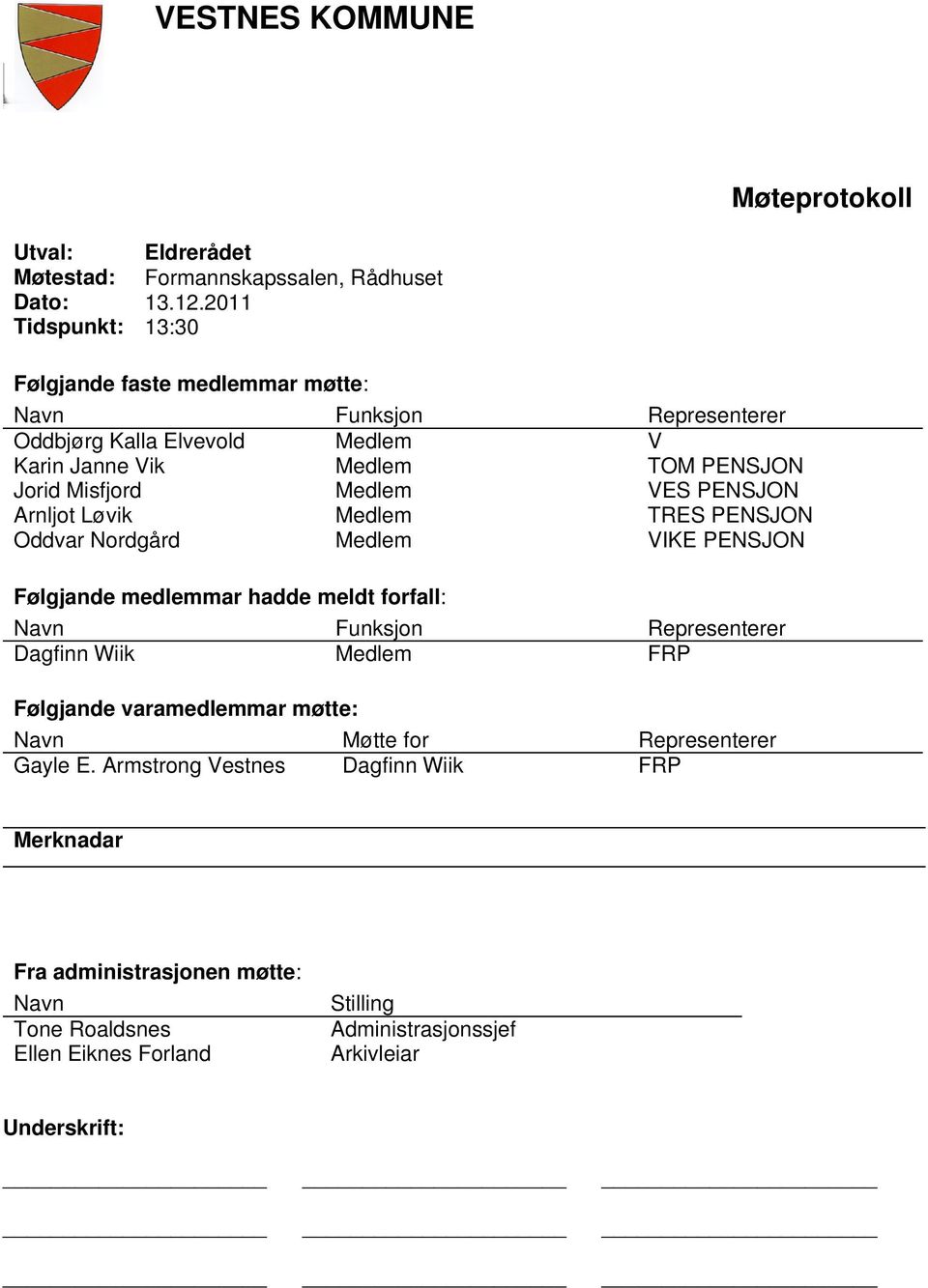 Medlem VES PENSJON Arnljot Løvik Medlem TRES PENSJON Oddvar Nordgård Medlem VIKE PENSJON Følgjande medlemmar hadde meldt forfall: Navn Funksjon Representerer Dagfinn Wiik