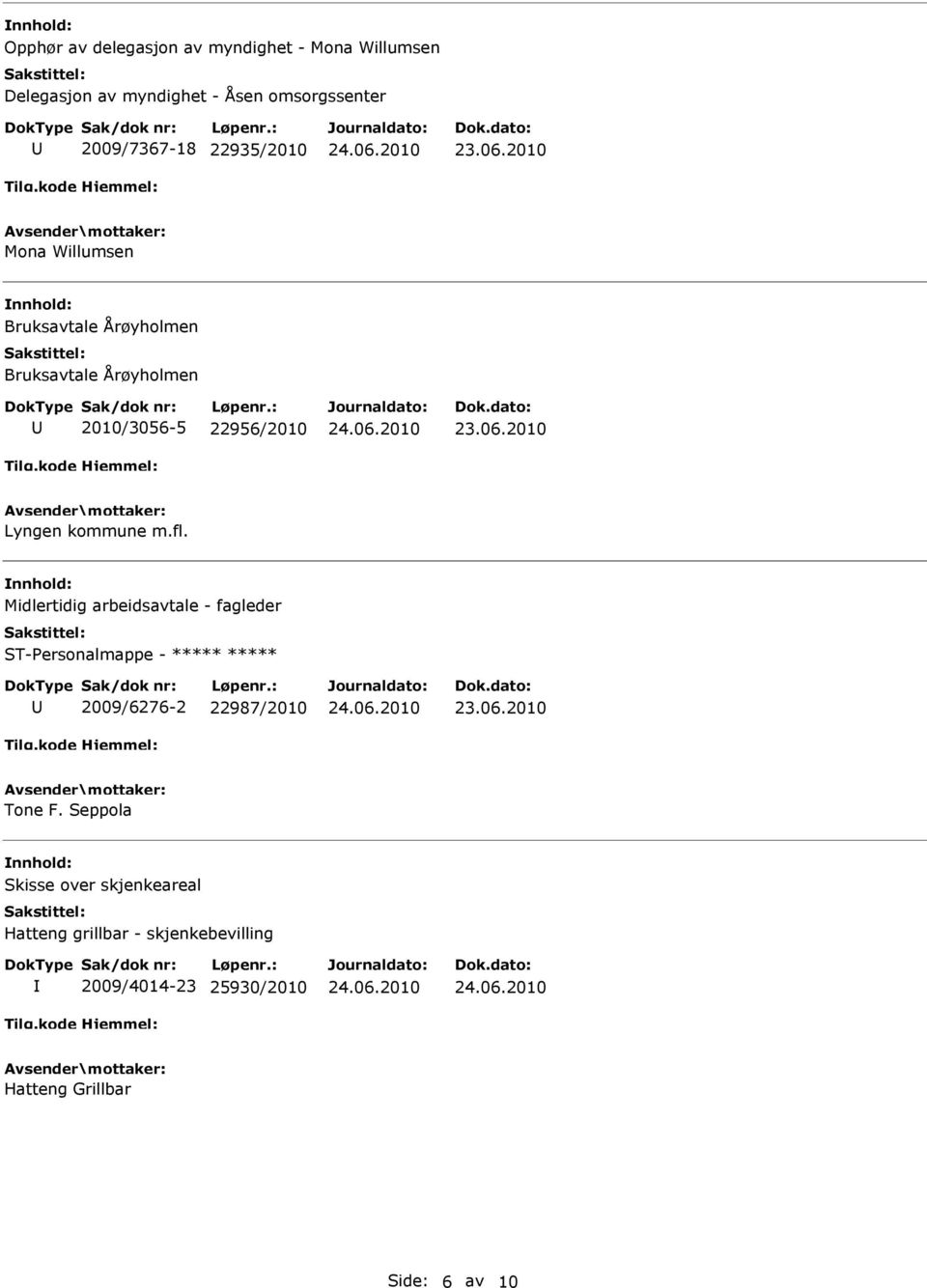 22956/2010 Lyngen kommune m.fl. Midlertidig arbeidsavtale - fagleder 2009/6276-2 22987/2010 Tone F.