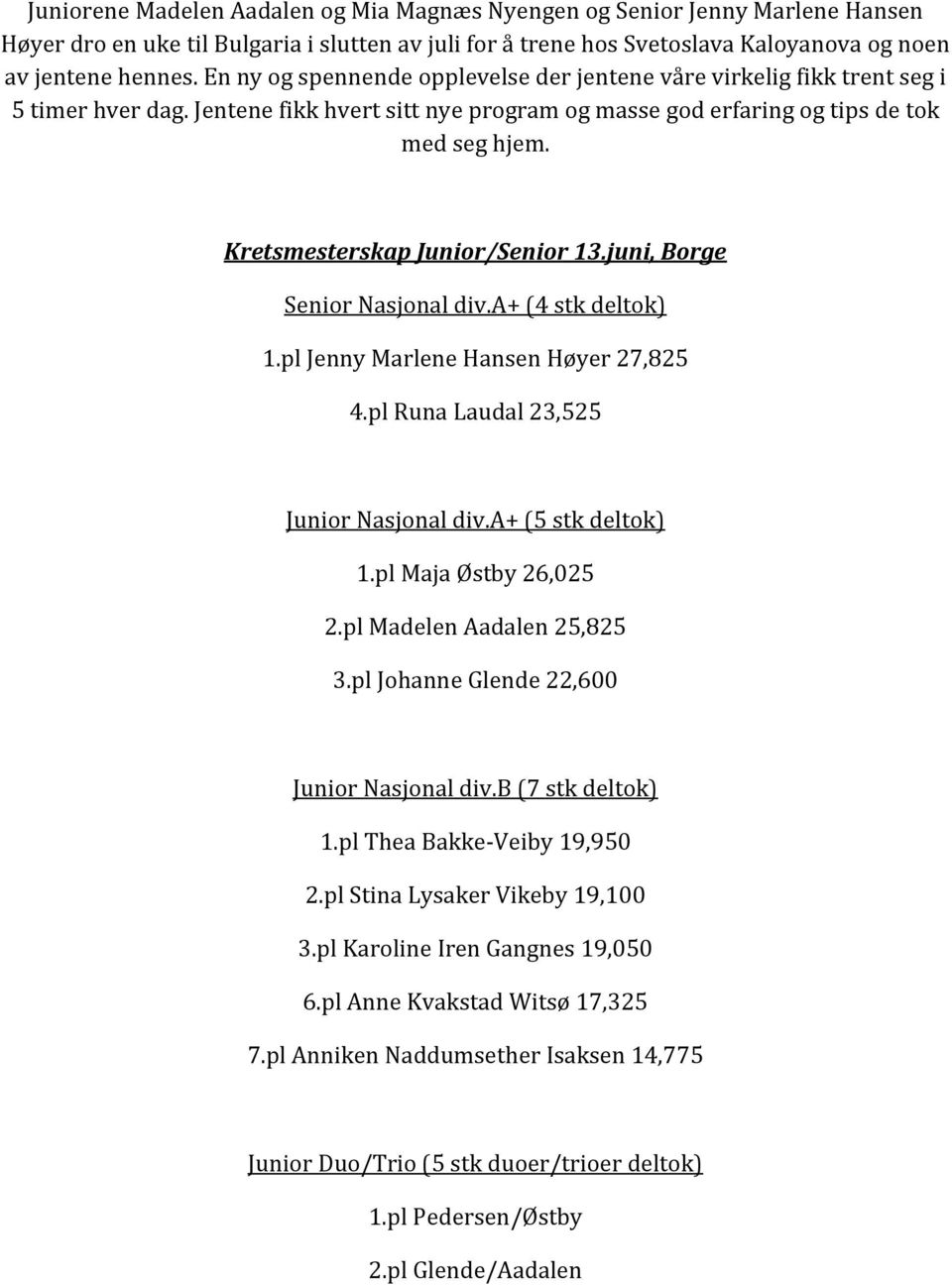 Kretsmesterskap Junior/Senior 13.juni, Borge Senior Nasjonal div.a+ (4 stk deltok) 1.pl Jenny Marlene Hansen Høyer 27,825 4.pl Runa Laudal 23,525 Junior Nasjonal div.a+ (5 stk deltok) 1.