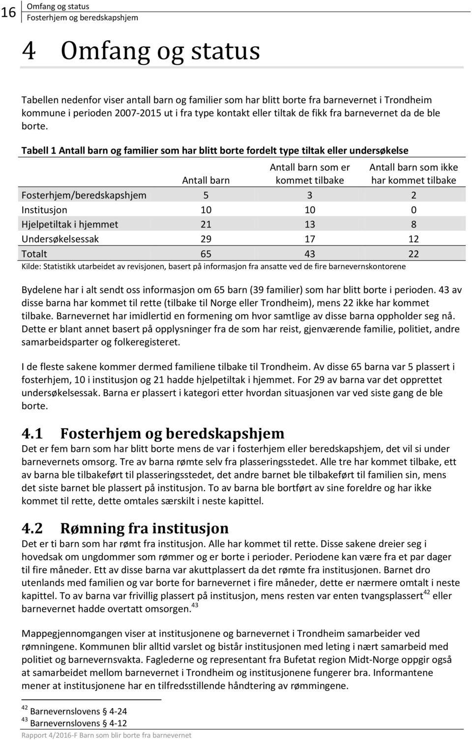 Tabell 1 Antall barn og familier som har blitt borte fordelt type tiltak eller undersøkelse Antall barn Antall barn som er kommet tilbake Antall barn som ikke har kommet tilbake