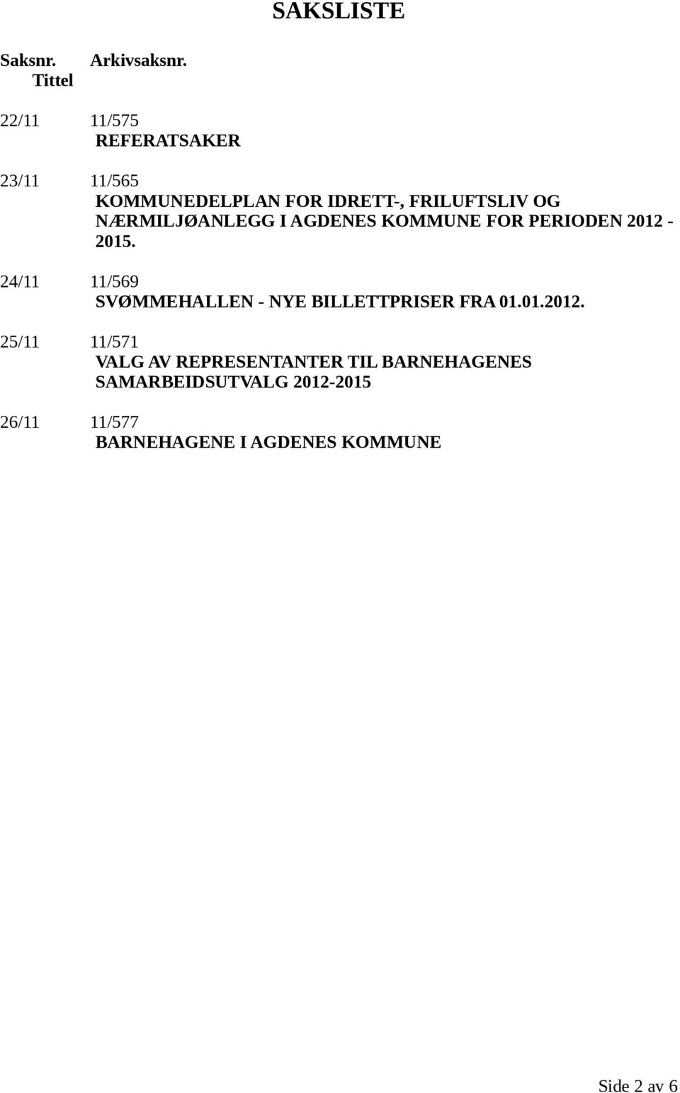 NÆRMILJØANLEGG I AGDENES KOMMUNE FOR PERIODEN 2012-2015.