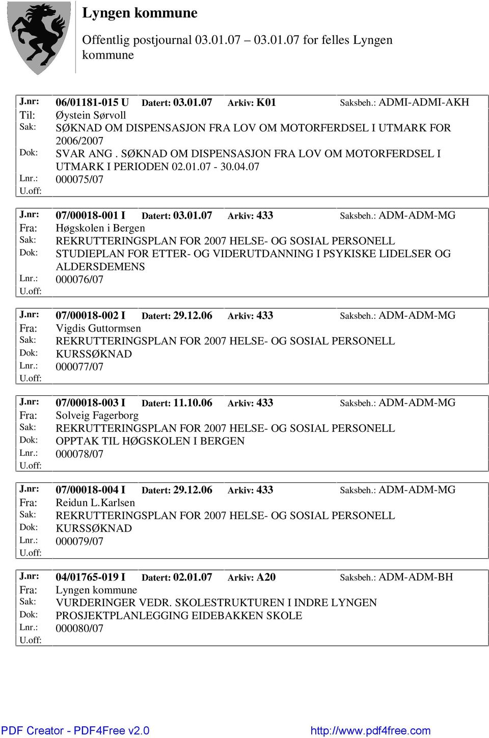 : ADM-ADM-MG Fra: Høgskolen i Bergen Sak: REKRUTTERINGSPLAN FOR 2007 HELSE- OG SOSIAL PERSONELL Dok: STUDIEPLAN FOR ETTER- OG VIDERUTDANNING I PSYKISKE LIDELSER OG ALDERSDEMENS Lnr.: 000076/07 J.