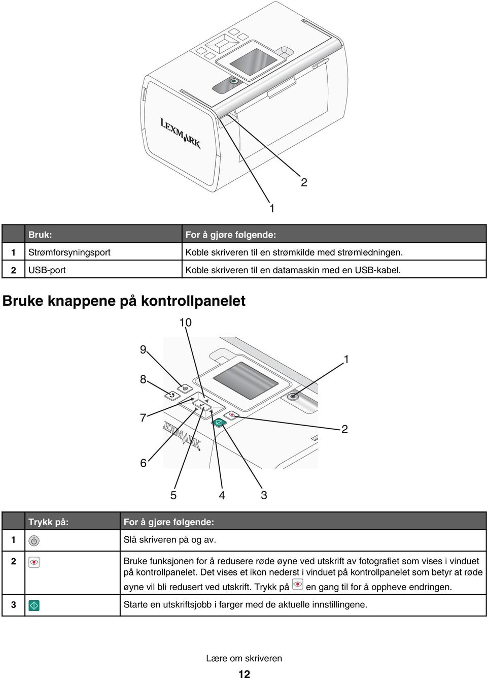 2 Bruke funksjonen for å redusere røde øyne ved utskrift av fotografiet som vises i vinduet på kontrollpanelet.