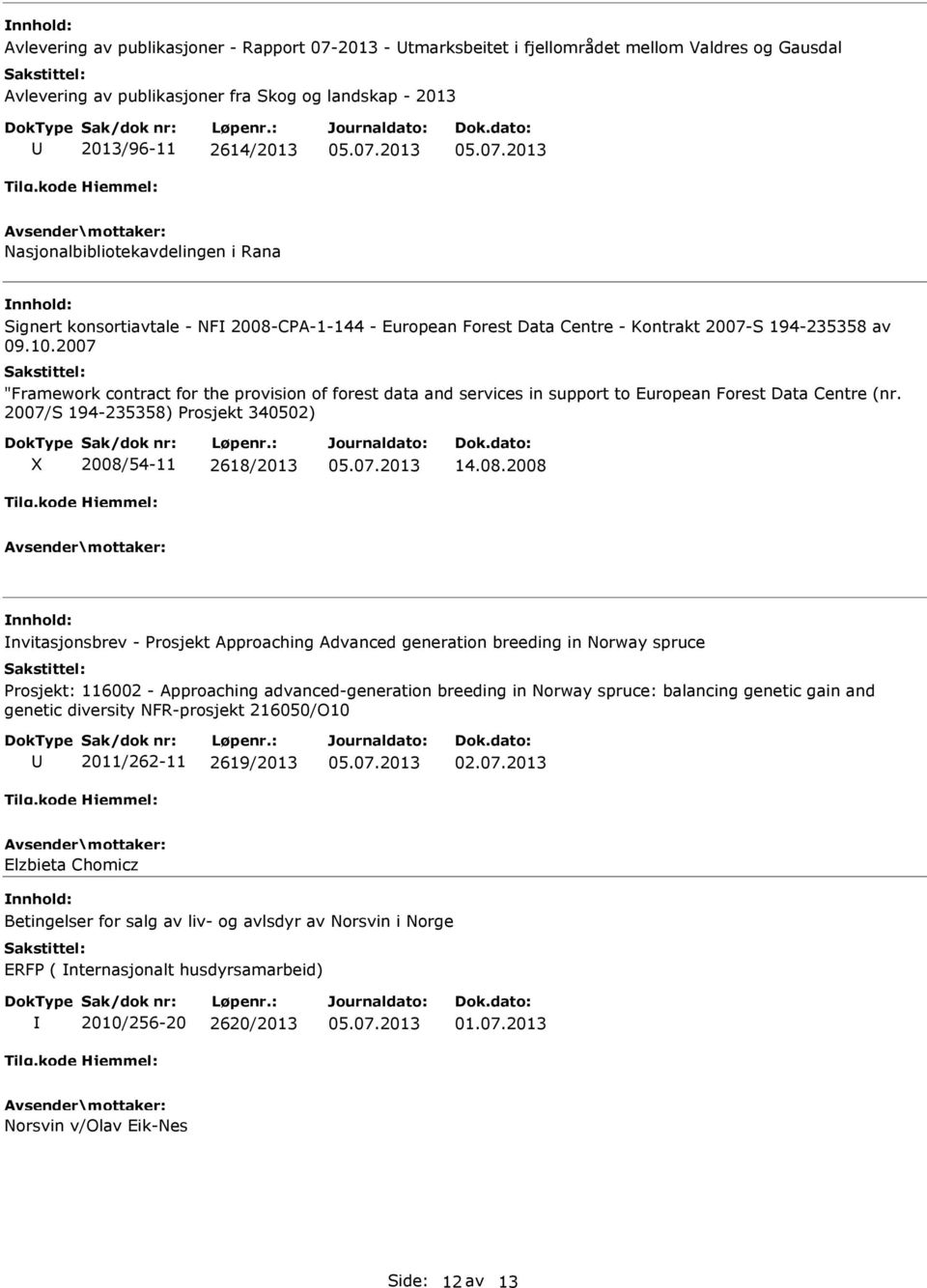 2007 "Framework contract for the provision of forest data and services in support to European Forest Data Centre (nr. 2007/S 194-235358) Prosjekt 340502) X 2008/