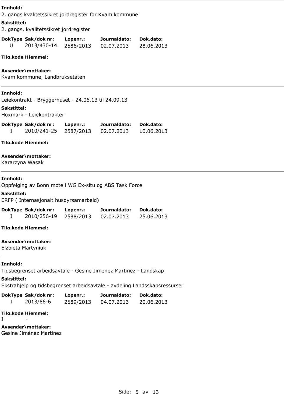 2013 Kararzyna Wasak Oppfølging av Bonn møte i WG Ex-situ og ABS Task Force ERFP ( nternasjonalt husdyrsamarbeid) 2010/256-19 2588/2013 25.06.