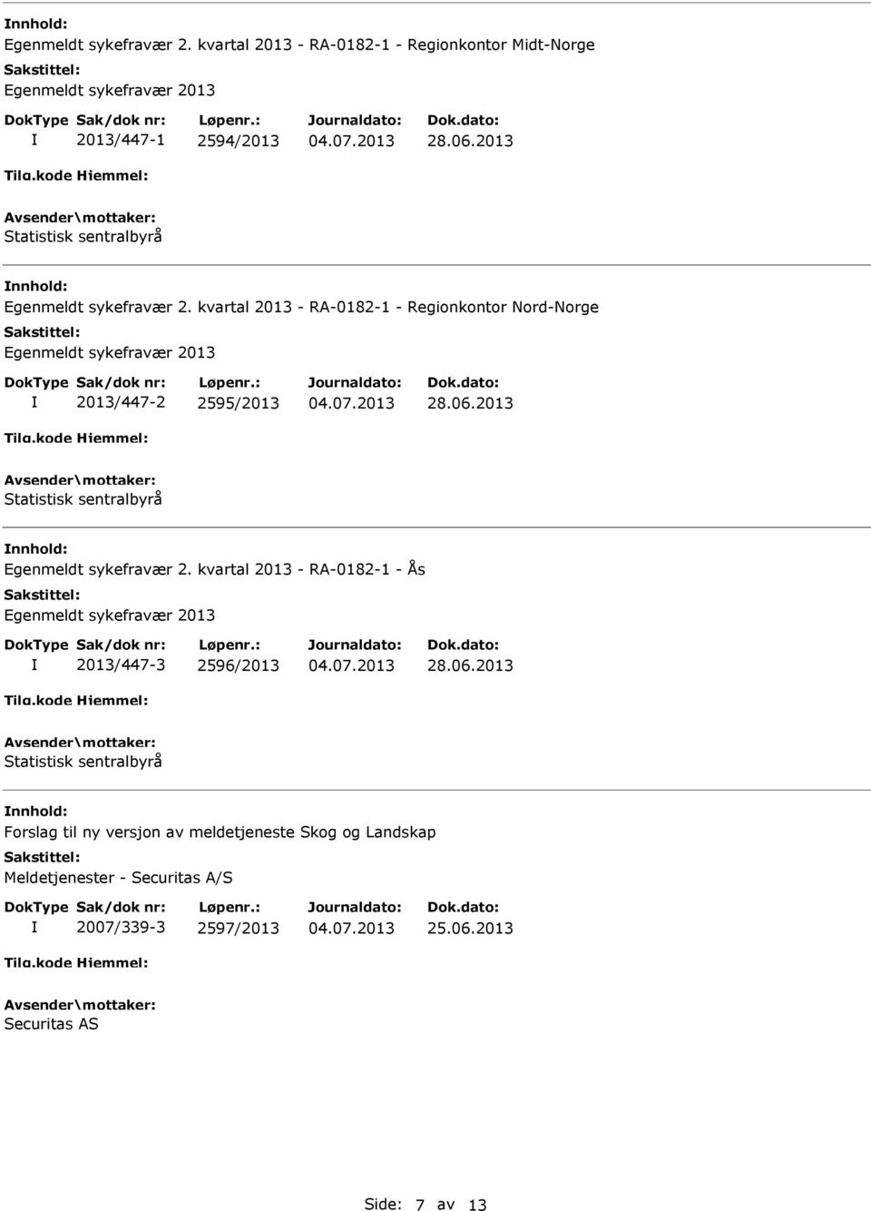 RA-0182-1 - Regionkontor Nord-Norge Egenmeldt sykefravær 2013 2013/447-2 2595/2013 Statistisk sentralbyrå  kvartal 2013 - RA-0182-1 - Ås