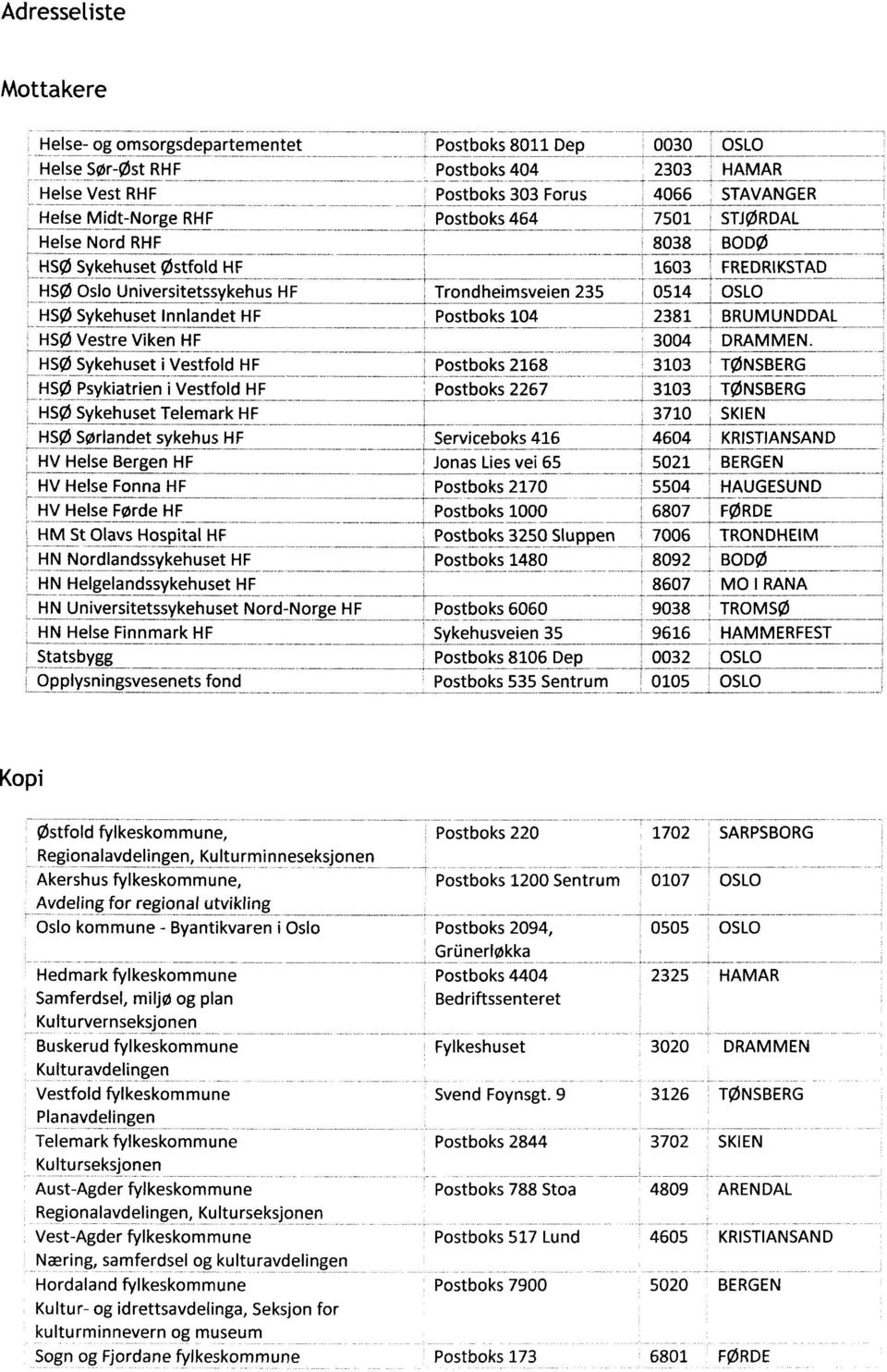 HM St Olavs Hospital HF HN Nordlandssykehuset HF HN Helgelandssykehuset HF HN Universitetssykehuset Nord-Norge HF HN Helse Finnmark HF Statsbygg Opplysningsvesenets fond Postboks 8011 Dep 0030 OSLO