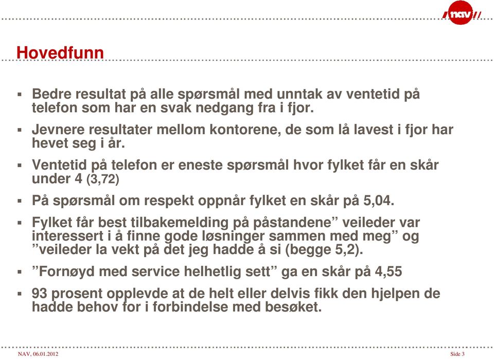 Ventetid på telefon er eneste spørsmål hvor fylket får en skår under 4 (3,72) På spørsmål om respekt oppnår fylket en skår på 5,4.