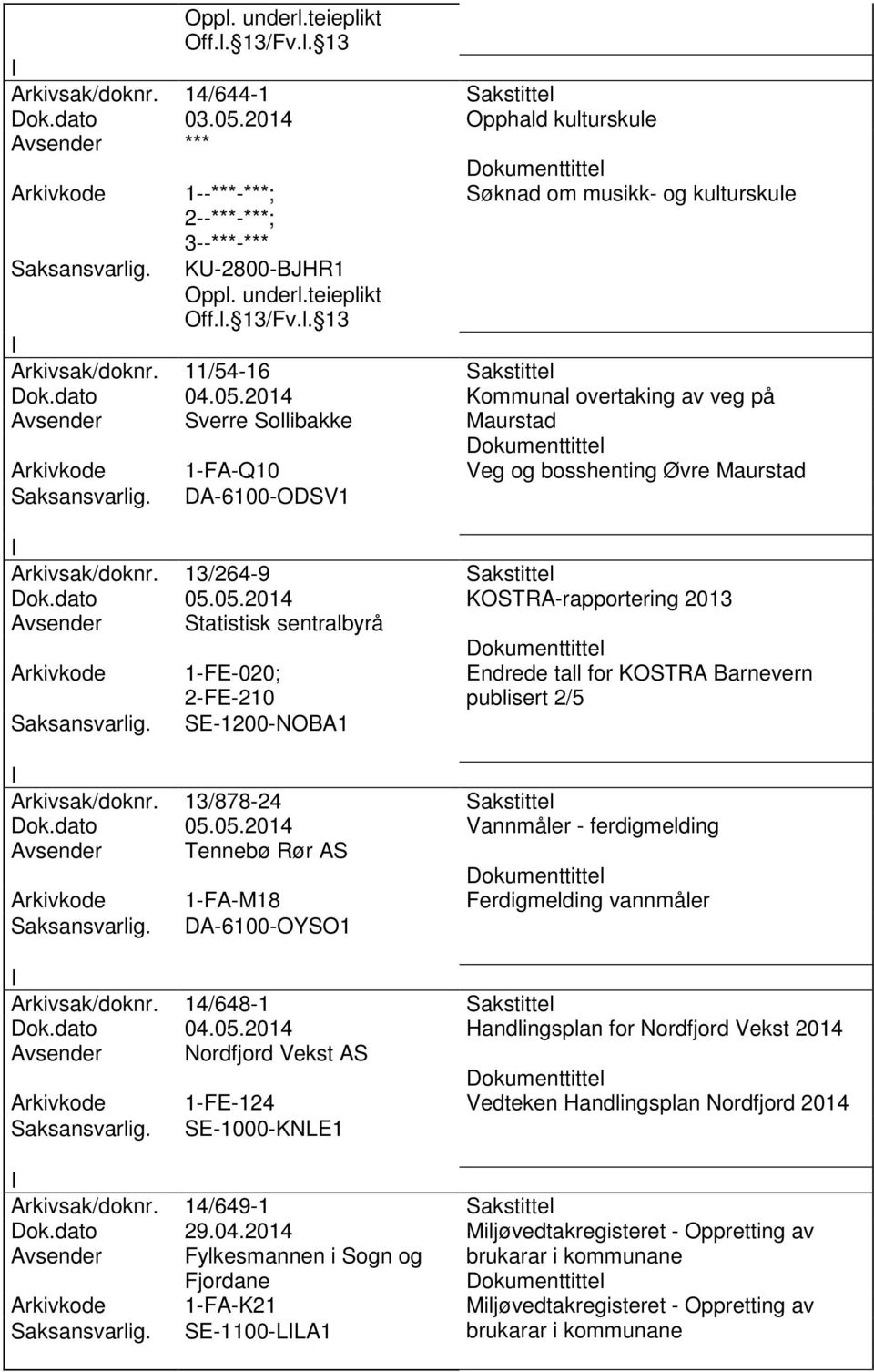 13/878-24 Sakstittel Dok.dato 05.05.2014 Vannmåler - ferdigmelding Avsender Tennebø Rør AS 1-FA-M18 Ferdigmelding vannmåler DA-6100-OYSO1 Arkivsak/doknr. 14/648-1 Sakstittel Dok.dato 04.05.2014 Handlingsplan for Nordfjord Vekst 2014 Avsender Nordfjord Vekst AS 1-FE-124 Vedteken Handlingsplan Nordfjord 2014 SE-1000-KNLE1 Arkivsak/doknr.