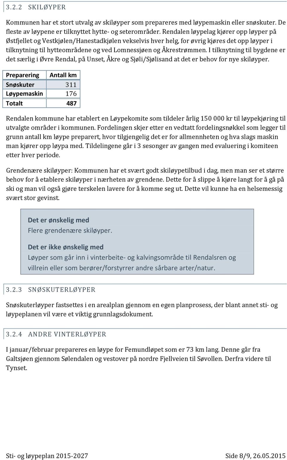 I tilknytning til bygdene er det særlig i Øvre Rendal, på Unset, Åkre og Sjøli/Sjølisand at det er behov for nye skiløyper.