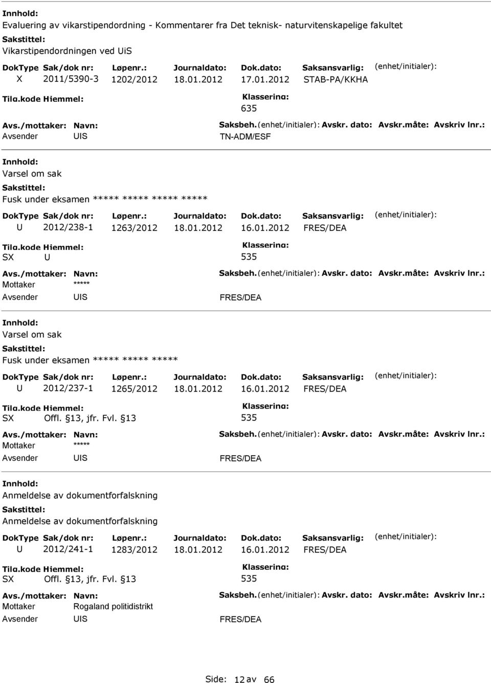 01.2012 FRE/DEA X 535 FRE/DEA Anmeldelse av dokumentforfalskning Anmeldelse av dokumentforfalskning 2012/241-1 1283/2012 16.01.2012 FRE/DEA X 535 Mottaker Rogaland politidistrikt FRE/DEA ide: 12 av 66