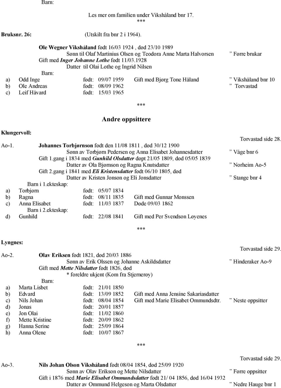 1928 Datter til Olai Lothe og Ingrid Nilsen a) Odd Inge født: 09/07 1959 Gift med Bjørg Tone Håland Vikshåland bnr 10 b) Ole Andreas født: 08/09 1962 Torvastad c) Leif Håvard født: 15/03 1965 Andre
