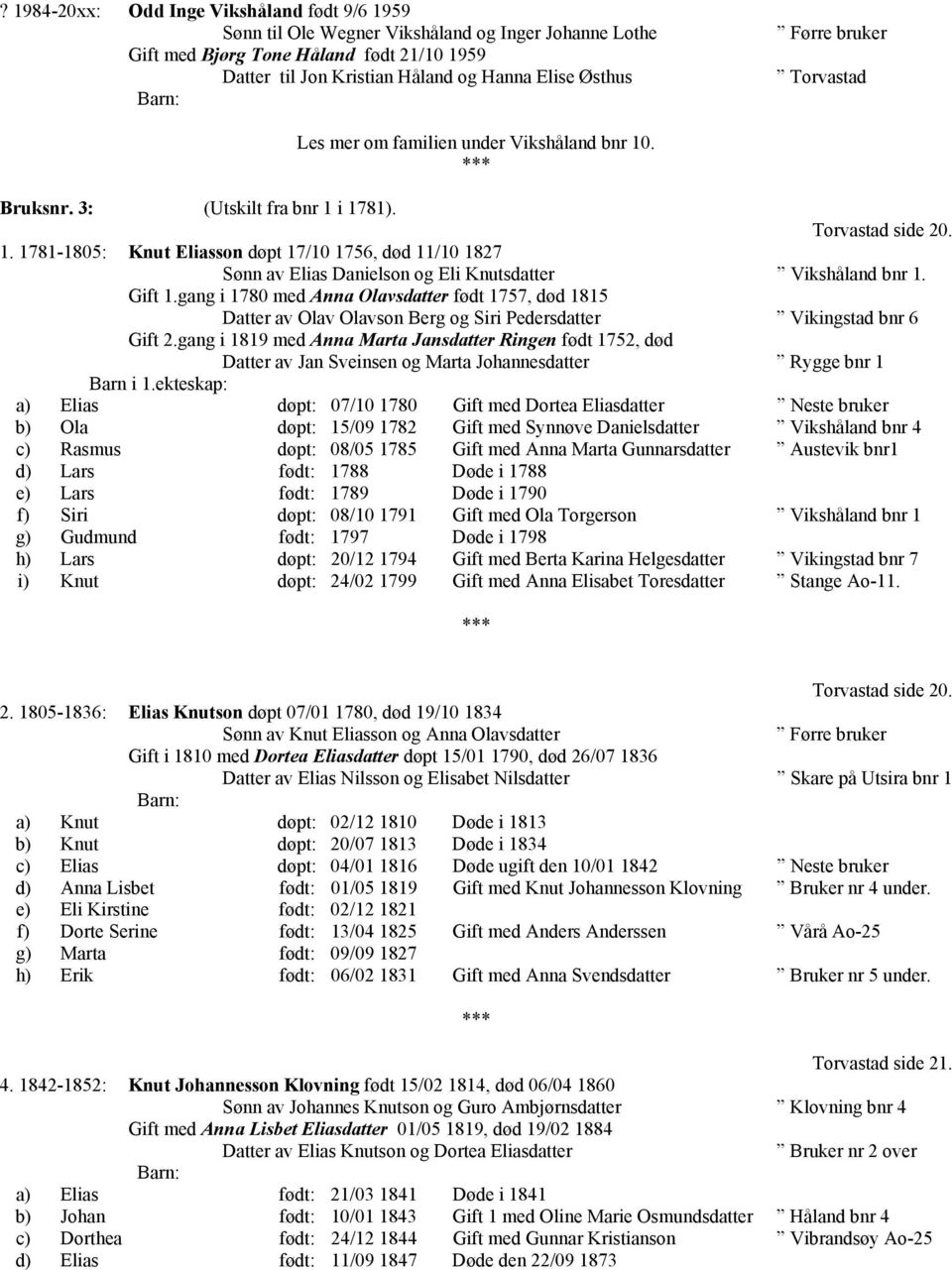 Gift 1.gang i 1780 med Anna Olavsdatter født 1757, død 1815 Datter av Olav Olavson Berg og Siri Pedersdatter Vikingstad bnr 6 Gift 2.