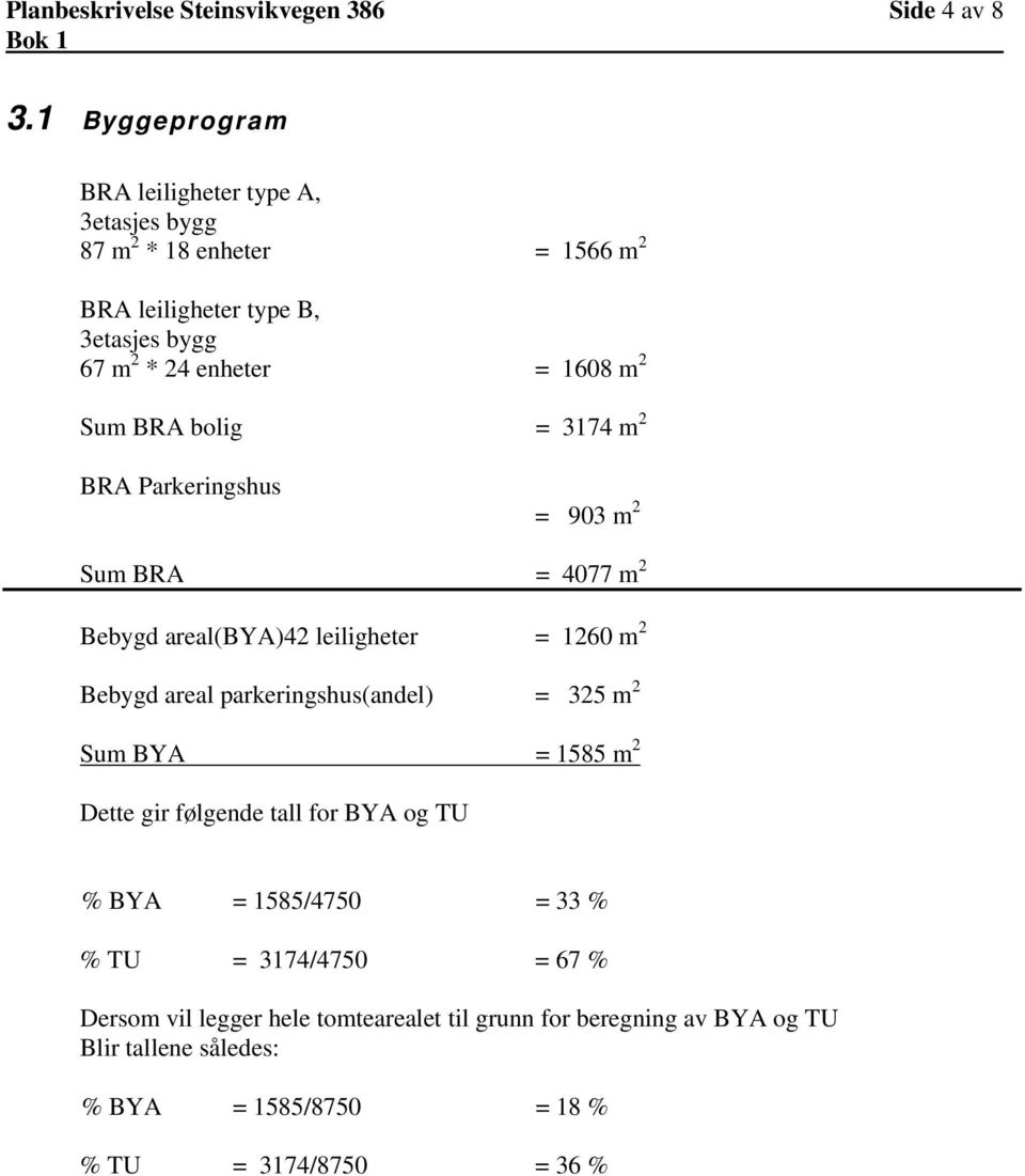 Sum BRA bolig = 3174 m 2 BRA Parkeringshus = 903 m 2 Sum BRA = 4077 m 2 Bebygd areal(bya)42 leiligheter = 1260 m 2 Bebygd areal parkeringshus(andel) =