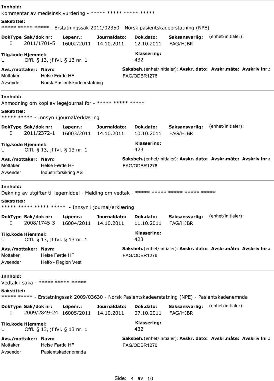 10.2011 ndustriforsikring AS Dekning av utgifter til legemiddel - Melding om vedtak - ***** ***** ***** ***** ***** ***** ***** ***** ***** - nnsyn i journal/erklæring 2008/1745-3