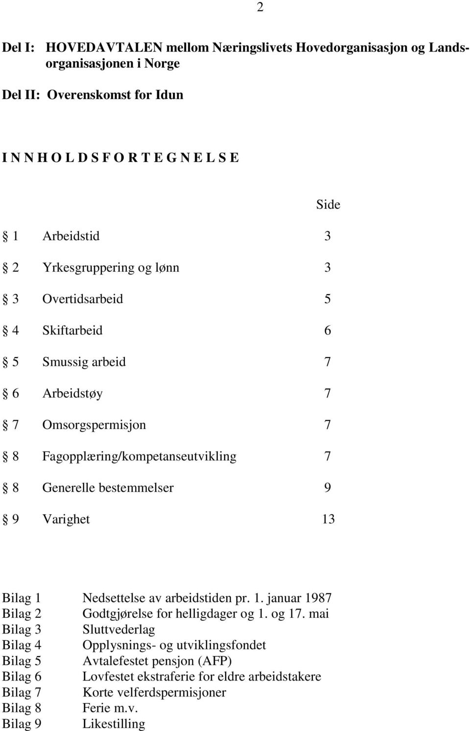 bestemmelser 9 9 Varighet 13 Bilag 1 Nedsettelse av arbeidstiden pr. 1. januar 1987 Bilag 2 Godtgjørelse for helligdager og 1. og 17.