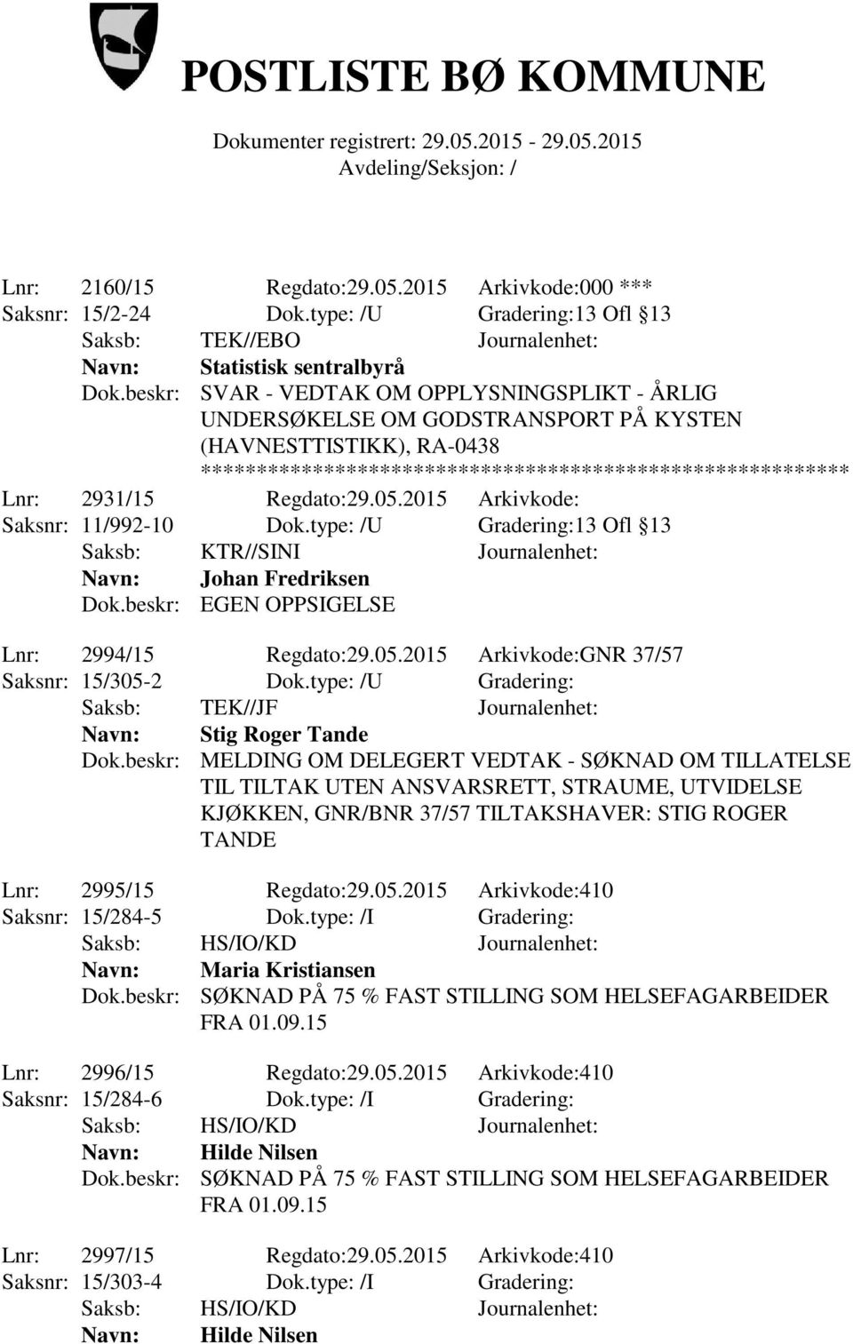 type: /U Gradering:13 Ofl 13 Saksb: KTR//SINI Journalenhet: Navn: Johan Fredriksen Dok.beskr: EGEN OPPSIGELSE Lnr: 2994/15 Regdato:29.05.2015 Arkivkode:GNR 37/57 Saksnr: 15/305-2 Dok.