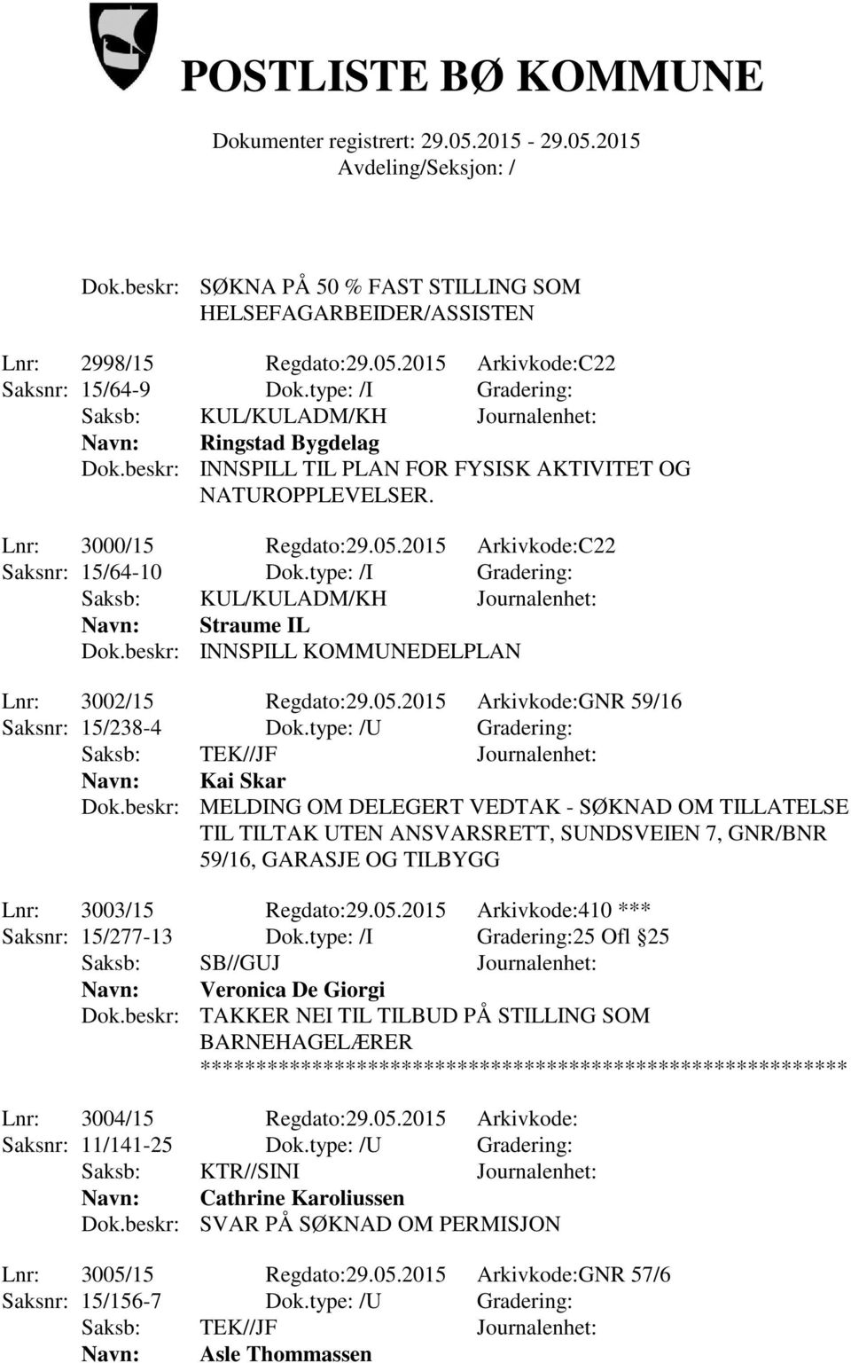 2015 Arkivkode:C22 Saksnr: 15/64-10 Dok.type: /I Gradering: Saksb: KUL/KULADM/KH Journalenhet: Navn: Straume IL Dok.beskr: INNSPILL KOMMUNEDELPLAN Lnr: 3002/15 Regdato:29.05.