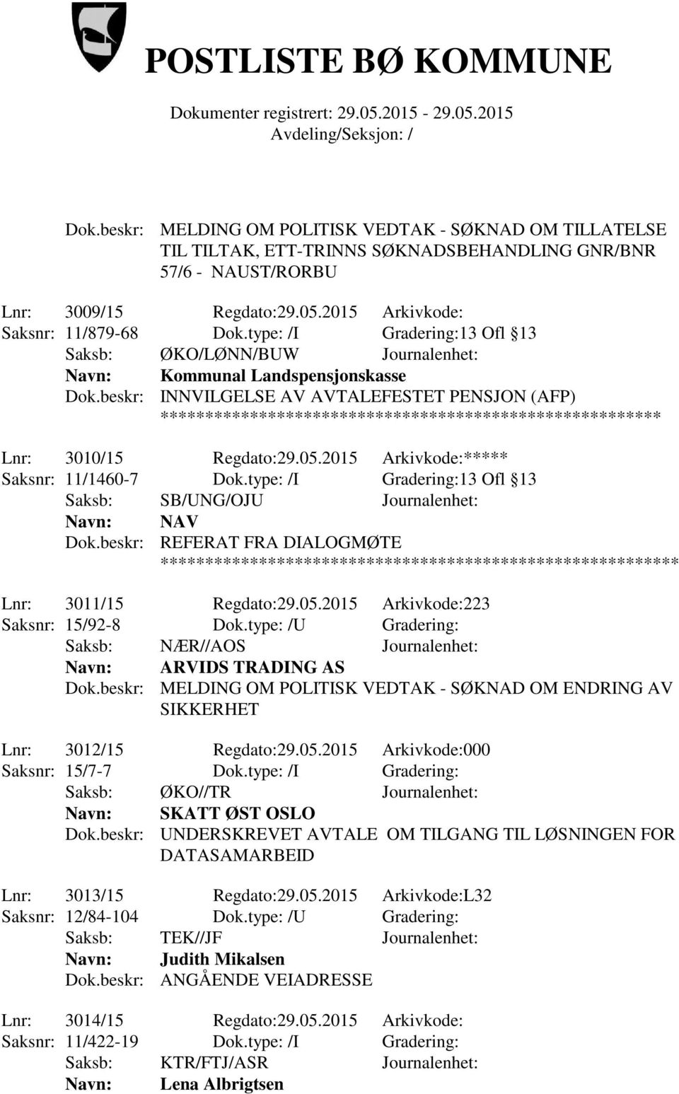 beskr: INNVILGELSE AV AVTALEFESTET PENSJON (AFP) ******************************************************** Lnr: 3010/15 Regdato:29.05.2015 Arkivkode:***** Saksnr: 11/1460-7 Dok.