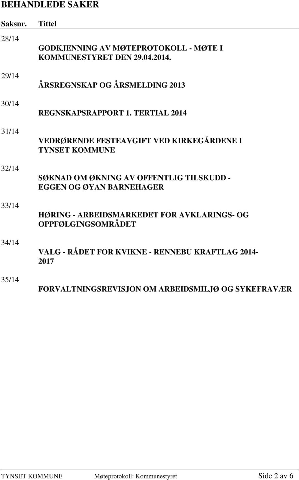 TERTIAL 2014 VEDRØRENDE FESTEAVGIFT VED KIRKEGÅRDENE I TYNSET KOMMUNE SØKNAD OM ØKNING AV OFFENTLIG TILSKUDD - EGGEN OG ØYAN BARNEHAGER