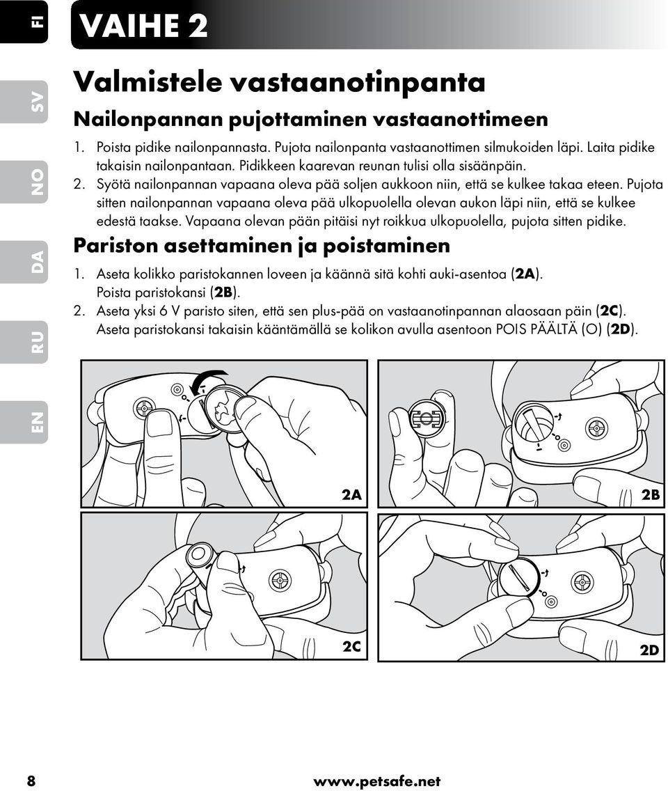 Pujota sitten nailonpannan vapaana oleva pää ulkopuolella olevan aukon läpi niin, että se kulkee edestä taakse. Vapaana olevan pään pitäisi nyt roikkua ulkopuolella, pujota sitten pidike.