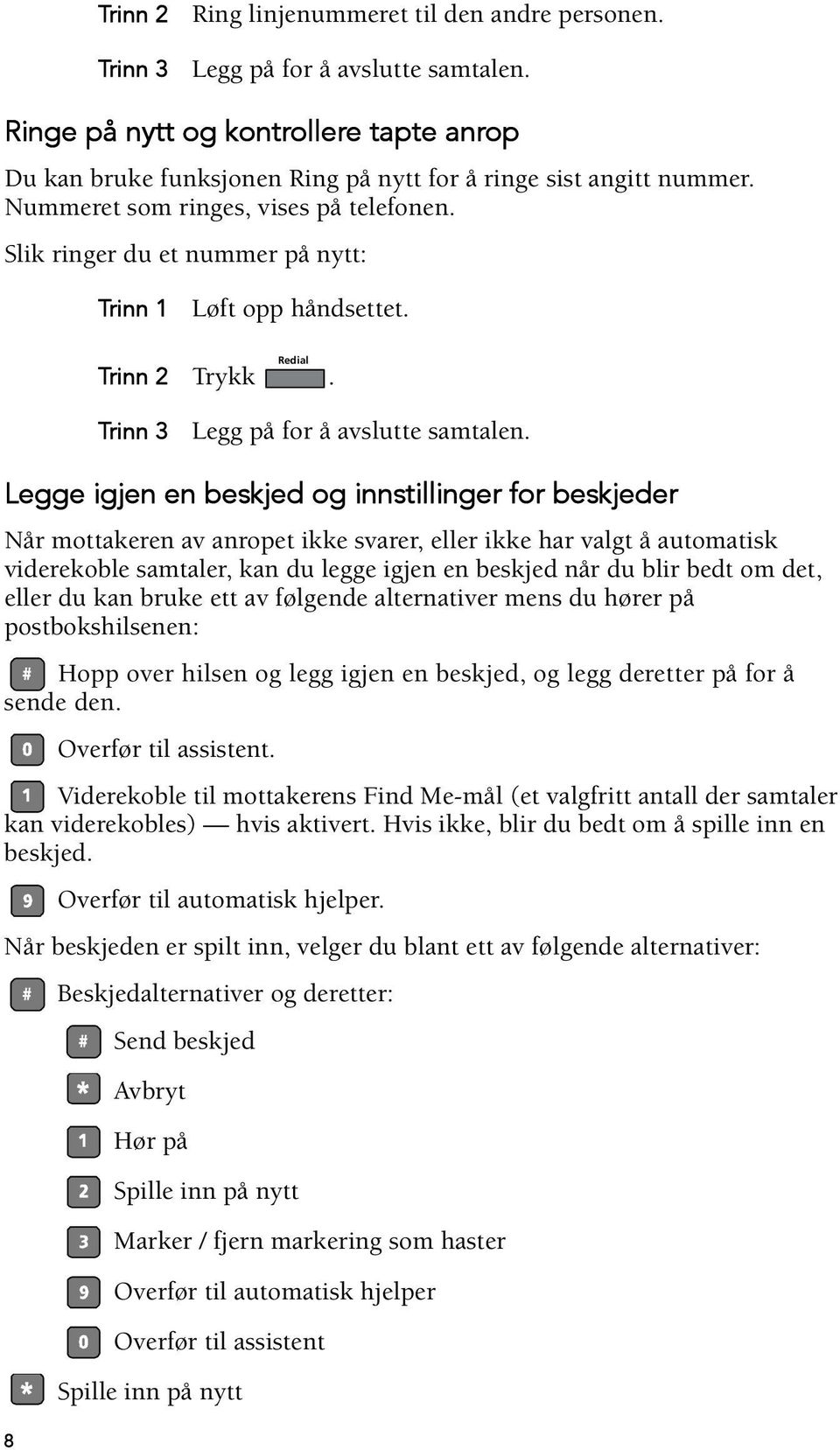 Slik ringer du et nummer på nytt: Trinn 1 Løft opp håndsettet. Redial Trinn 2 Trykk. Trinn 3 Legg på for å avslutte samtalen.