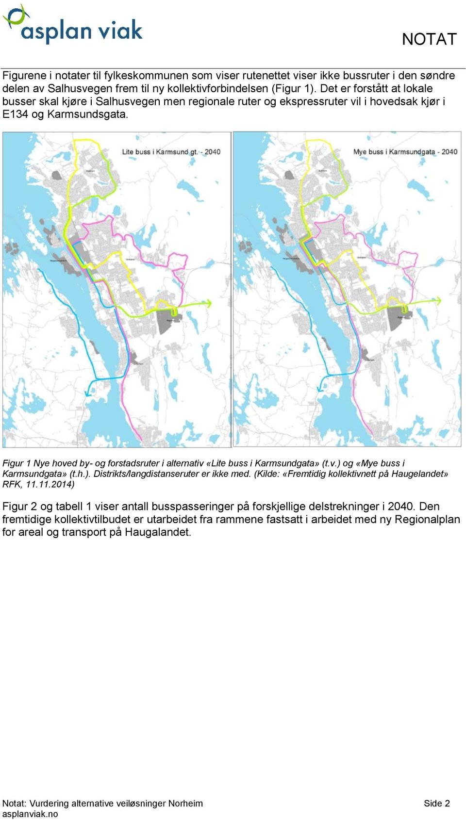 Figur 1 Nye hoved by- og forstadsruter i alternativ «Lite buss i Karmsundgata» (t.v.) og «Mye buss i Karmsundgata» (t.h.). Distrikts/langdistanseruter er ikke med.