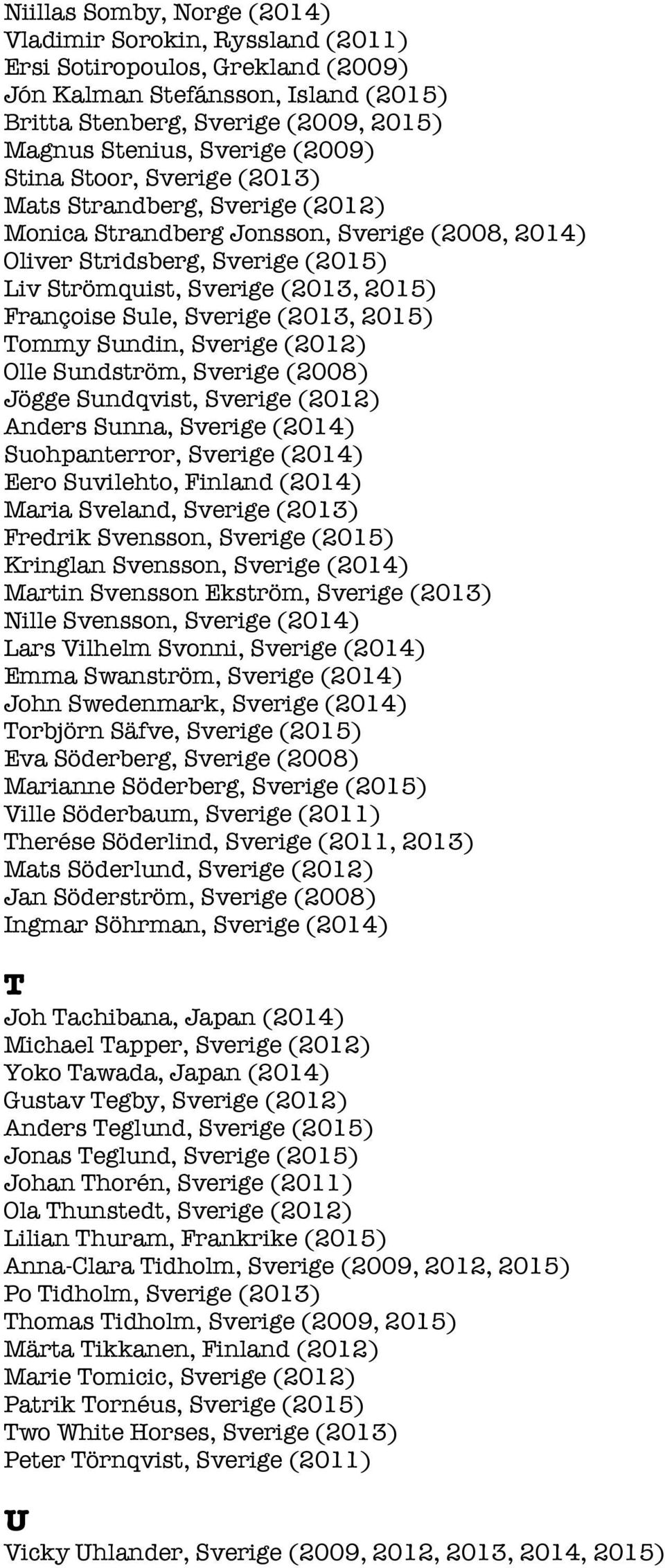 Sule, Sverige (2013, 2015) Tommy Sundin, Sverige (2012) Olle Sundström, Sverige (2008) Jögge Sundqvist, Sverige (2012) Anders Sunna, Sverige (2014) Suohpanterror, Sverige (2014) Eero Suvilehto,