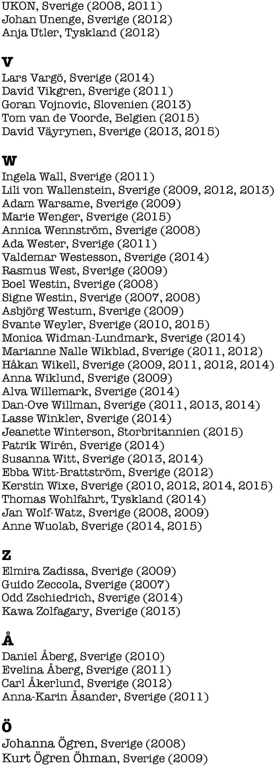 Wennström, Sverige (2008) Ada Wester, Sverige (2011) Valdemar Westesson, Sverige (2014) Rasmus West, Sverige (2009) Boel Westin, Sverige (2008) Signe Westin, Sverige (2007, 2008) Asbjörg Westum,