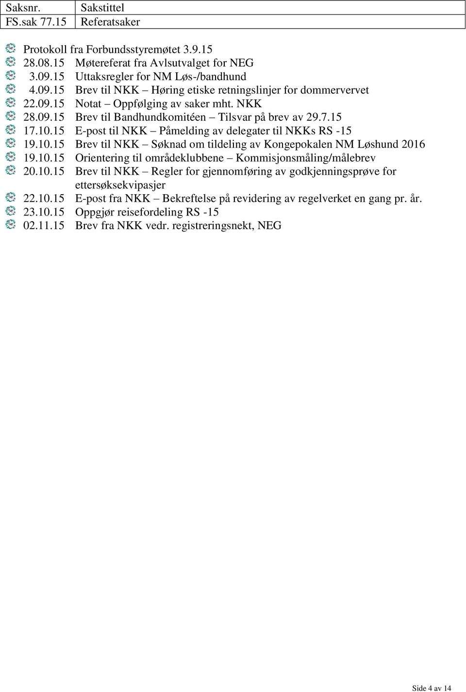 10.15 Orientering til områdeklubbene Kommisjonsmåling/målebrev 20.10.15 Brev til NKK Regler for gjennomføring av godkjenningsprøve for ettersøksekvipasjer 22.10.15 E-post fra NKK Bekreftelse på revidering av regelverket en gang pr.